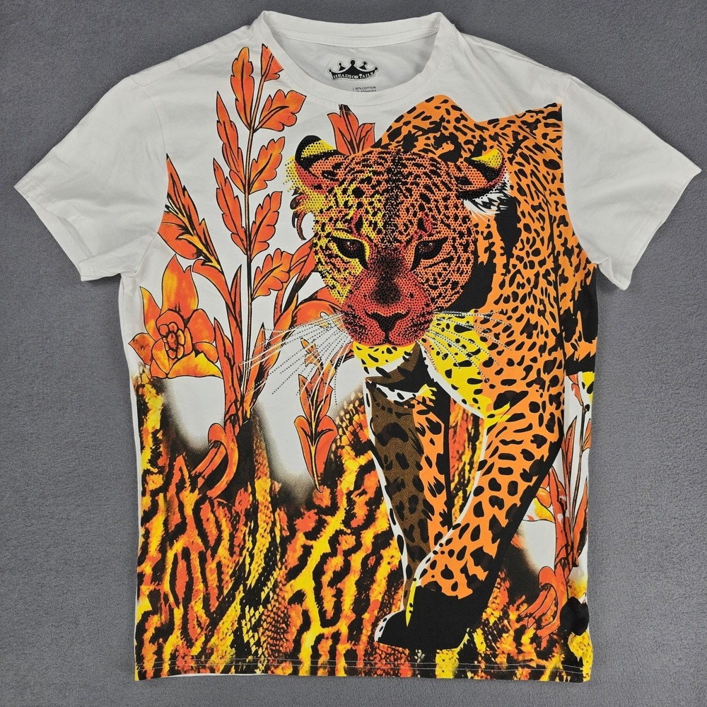 Heads Or Tails Shirt Mens Medium White Leopard Graphic Rhinestone Jungle Tee